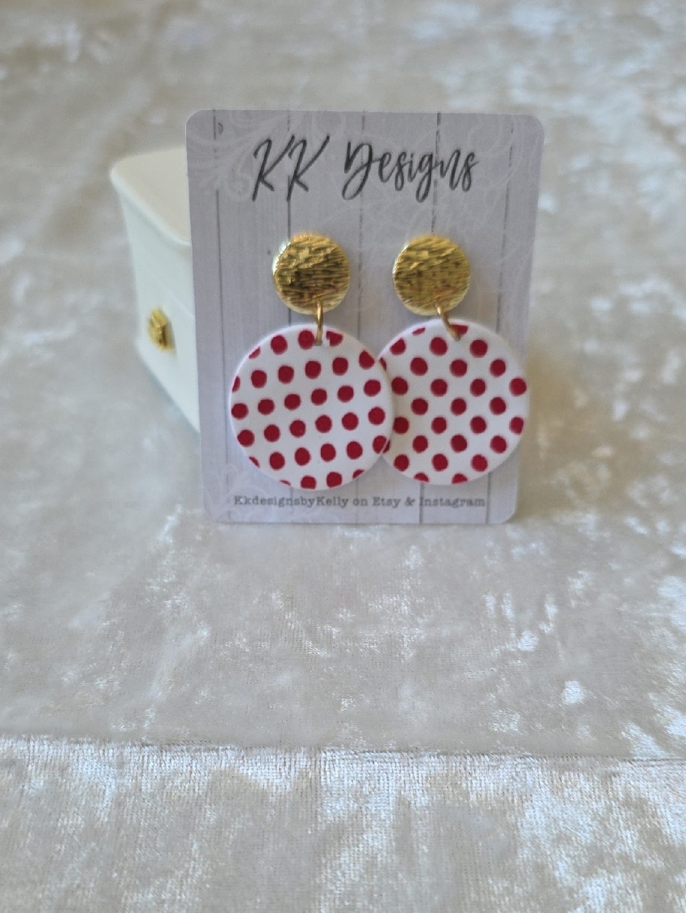 NWT KK Designs Gold With White And Red Polka Dots Earrings